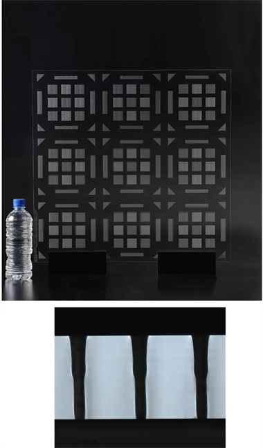 Top: Photo of the glass substrate processed by CO₂ laser Bottom: Cross-sectional image (substrate thickness: 0.5 mm, via diameter: Φ90 µm)