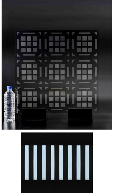 Top: Photo of the glass substrate processed by laser modification and etching Bottom: Cross-sectional image (substrate thickness: 0.4 mm, via diameter: Φ50 µm)