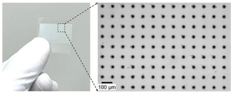 Ultra-high-speed drilling of dense through-holes in glass substrates (hole pitch: 100 μm)